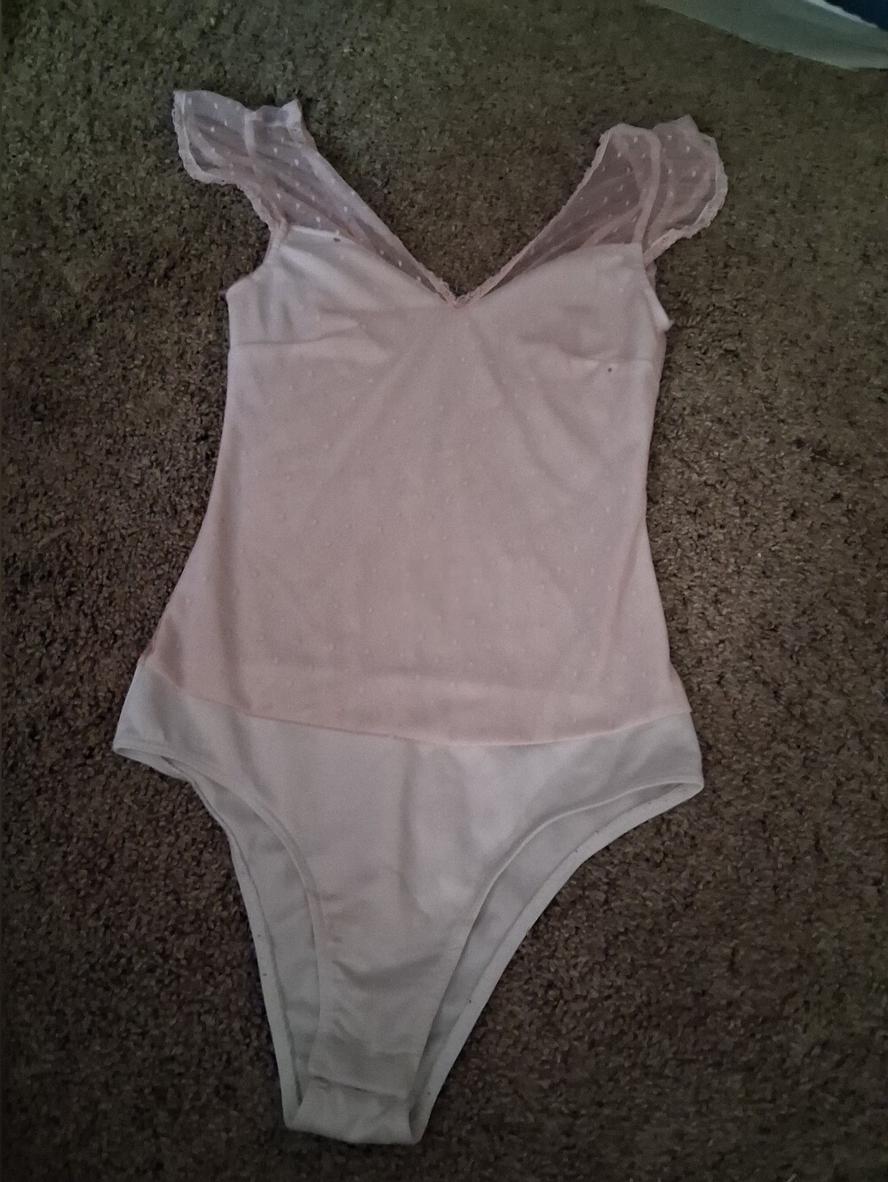 Ambiance Sheer Dot V‑Neck Bodysuit in Light Pink